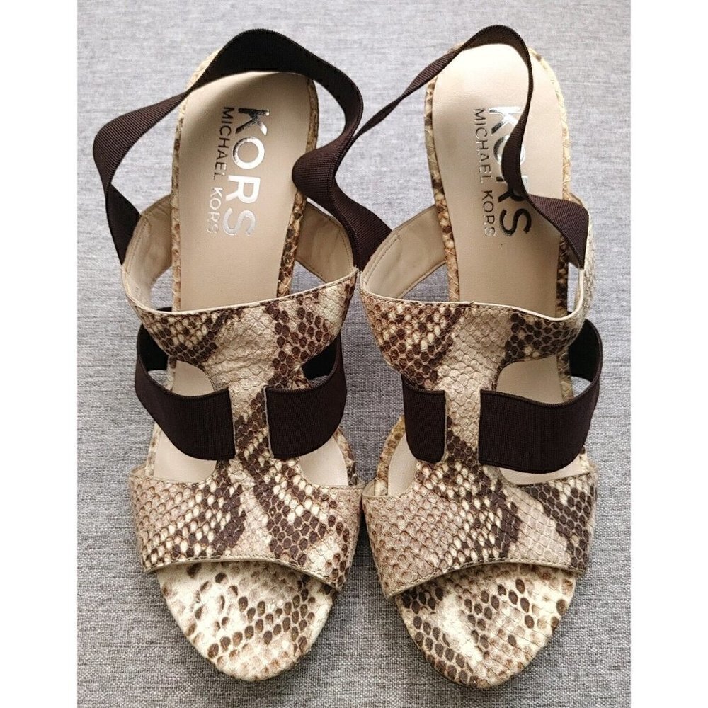 Michael Kors Brown and Tan Leather Snakeskin Print Open Toe Strappy Heels Size 9 - Picture 4 of 10